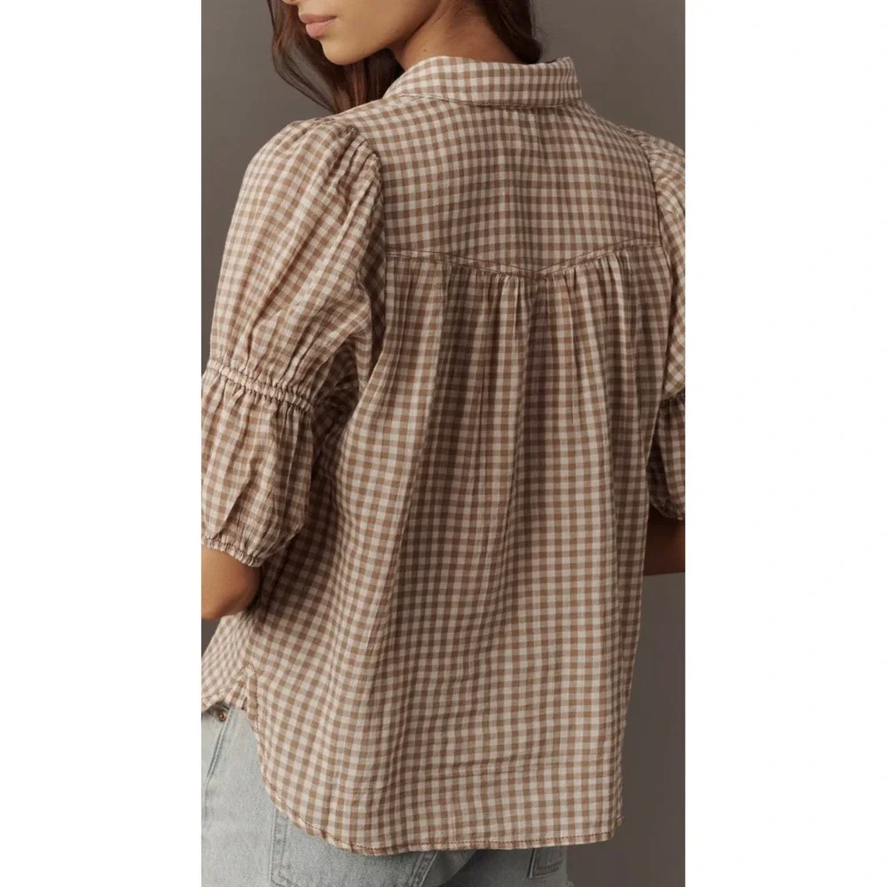 Anthropologie Tan Gingham Cotton Puff Sleeve Henley Top Boho Blouse small